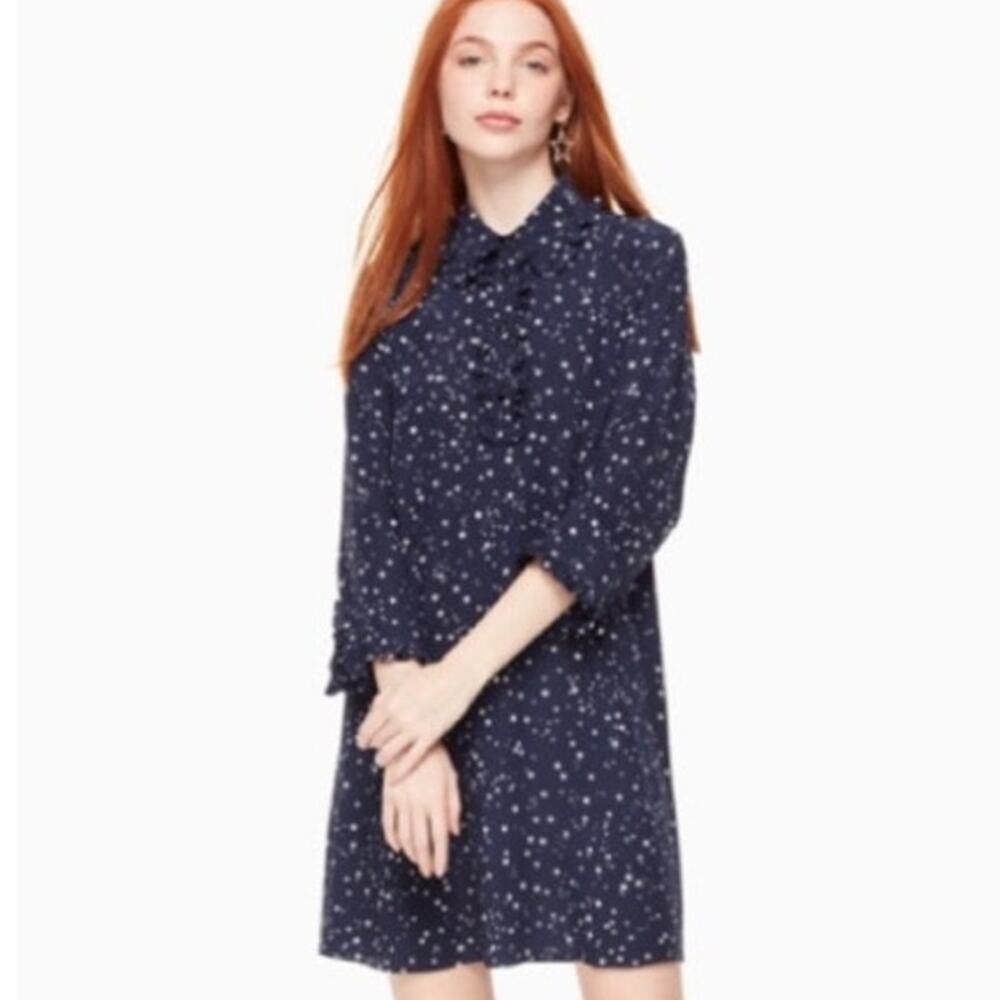 Kate Spade Blue & White Night Sky 100% Silk Mini Shirt Dress Size XS